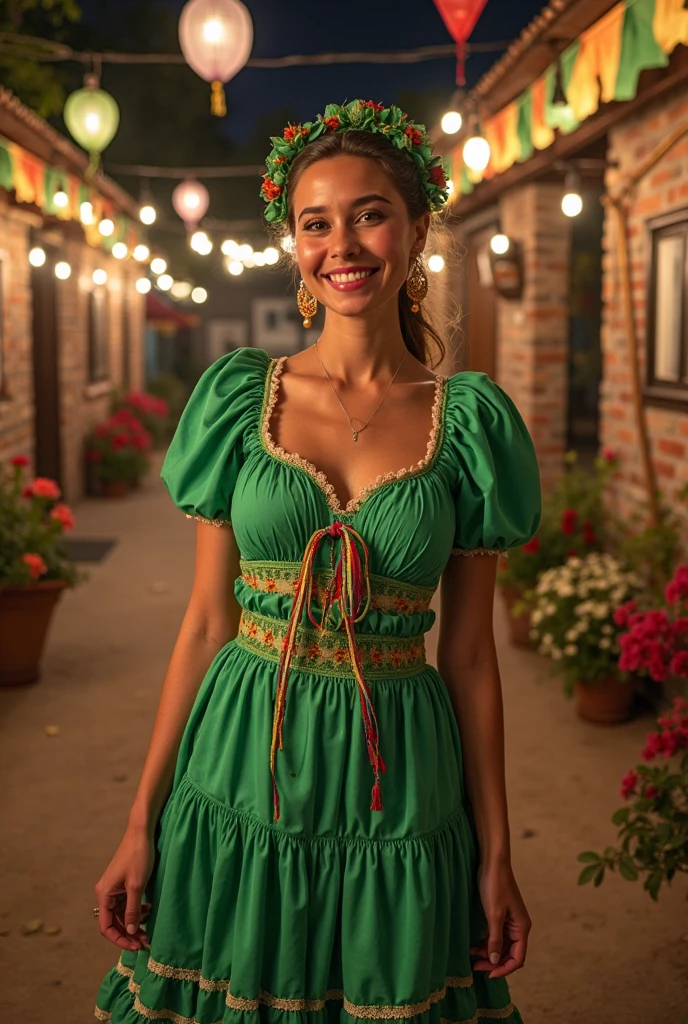 Hyperrealistic close-up photo, Best quality, (photorealistic:1.4), (jupe maxi traditionnelle mexicaine verte:1.2), (blouse traditionnelle mexicaine verte à bretelles:1.2), Mexican urban market, Cinematic light, belle femme, maigre, seins moyens, cheveux bruns raides, detailed face, SOURIRE, photo prise ni de loin ni de près, 23 ans, vieilles larmes, photo a la mer.