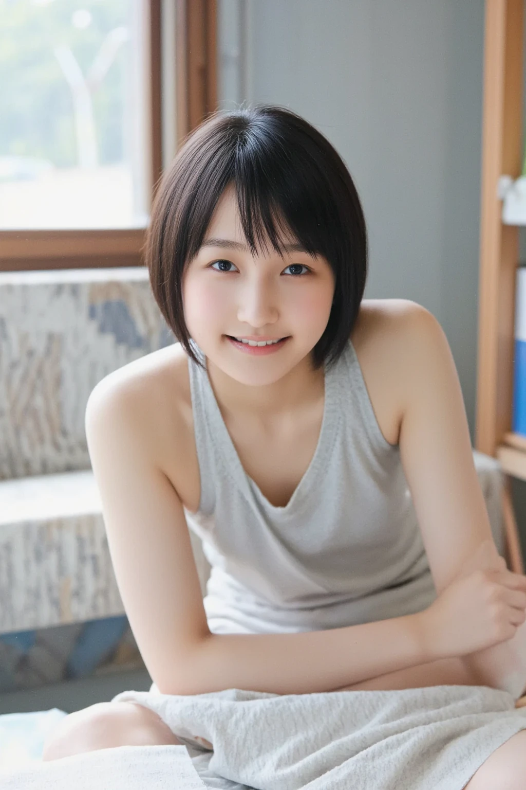 One girl, short hair,Black Hair,smile, summer, room,Sitting on a chair, Legs together,front, , Looking up from below,White tank top, Face close-up,transparent, (masterpiece, Highest quality), Soft Light, Structure of the film, Cinematic