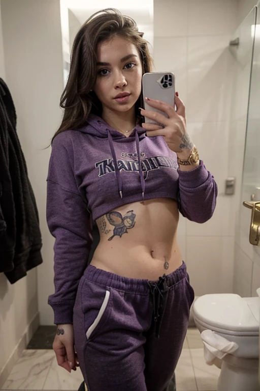 Realise la meme jeune fille de 20 ans au cheveux tres long de couleur violet et rose nommer Lucidia, vetue du meme tshirt rose sur le lit position sexy