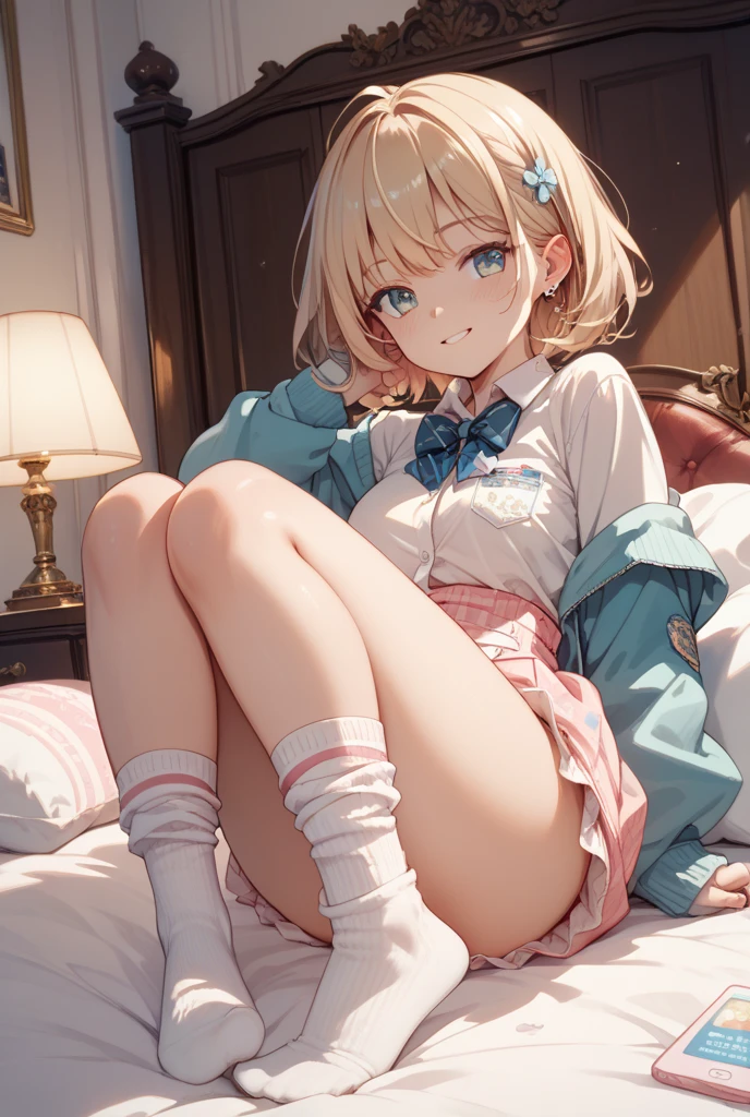 mini skirt,Crouched View，Fluffy jacket,((Small Bust)),Nipples,Expose the inside of your legs，Close your legs,Knees up,White panties,(panty shot:1.3),Luxurious Room