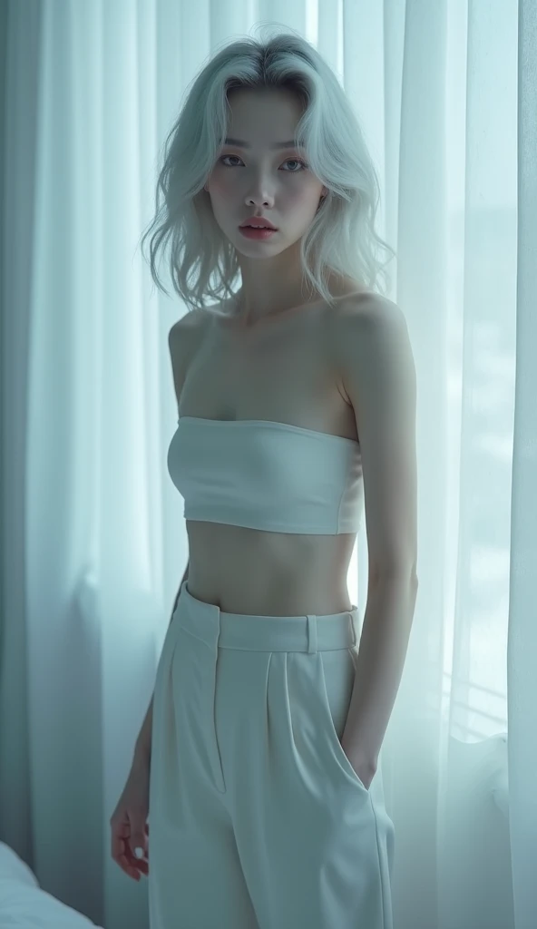 top-quality, A high resolution, 18 with, 1girl in, Android 18, 独奏, blond hairbl, eBlue eyes, short detailed hair, 耳Nipple Ring, jewely, Sport Tank Top,You can see the white panties on the knees, mini panties,Sleeveless、Beautiful facial features、The right leg stands upright，White panties visible.、Beautiful navel、beautiful thigh、 transparent panty, medium breasts⁩, cow boy shot, street, cropped shoulders, No shoulder strap,Bigchest，Big breasts Thin waist，long leges，nakeness，Bare lower body，Bare breasts