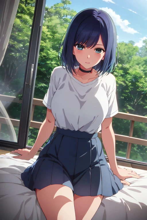 Highest quality、Ultra-high quality、woman、high school student、short hair、Completely naked、Green Eyes、Star Eyes、White stars in both eyes、Large Breasts、Nipples、右手の親指と人差し指でwoman器を開く、左手の人差し指と中指をwoman器に挿れる、woman器が濡れる、Sit on the ground、Spread your legs、in the forest