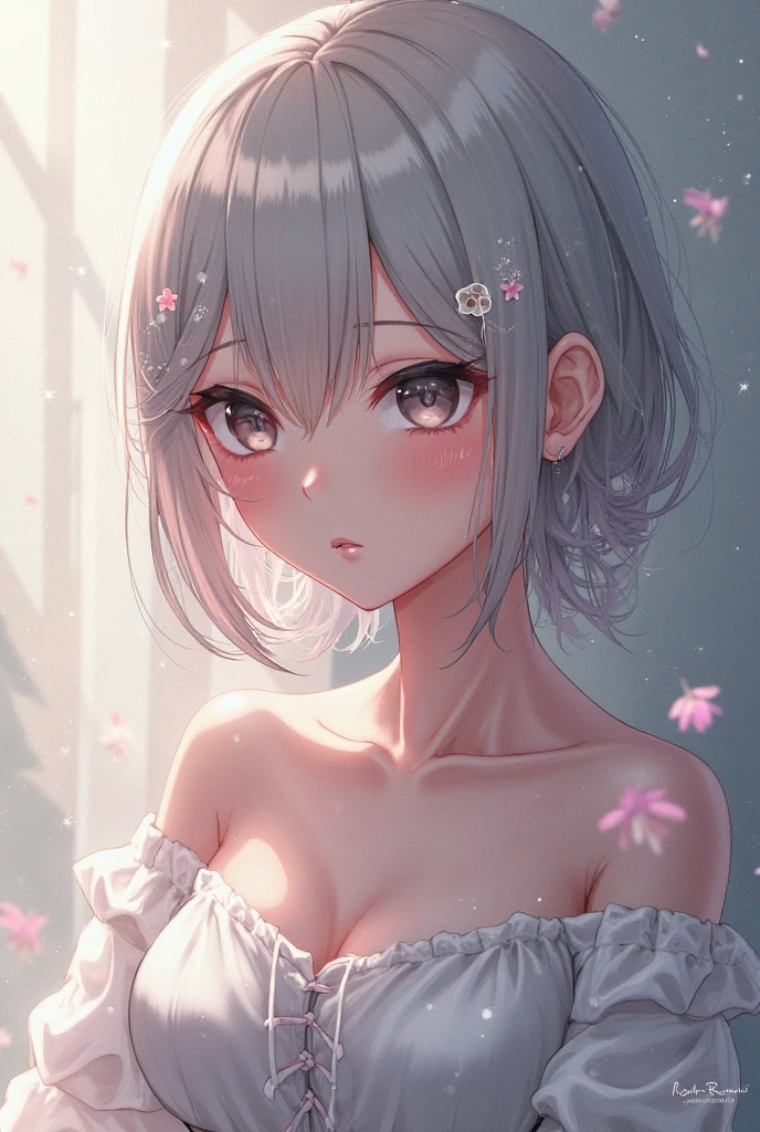 ((best quality)), ((masterpiece)), (detailed), perfect face. Asian girl. White hair. Pink eyes. Off shoulder. Garden. Cleavage.