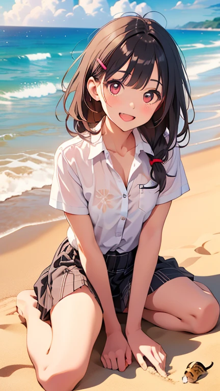 (official art、highest quality、Unity 8K 壁紙、32K、masterpiece、Super detailed、超A high resolution、realistic、Photoreal:1.2)、(natural soft light:1.2)、fire glow effect、film grain、best shadow、rim lighting、side light、side shot、(Highly detailed and complex 3D rendering)、詳細なbeautiful faceと目、sharp pupils、Real students、whole body, sandy beach、beautiful face、blurred background、11 year old beautiful girl、shiny skin、Beautiful wet black hair、I pulled up my wet shirt、pink miniskirt with wet pink checks、(thighs thighs:0.9)、barefoot、curve、dynamic pose、smile with open mouth、(beautiful breasts:0.9)、I can see white pants、(transparent areola)、((On the beach on Oahu in midsummer))、((flat chest))