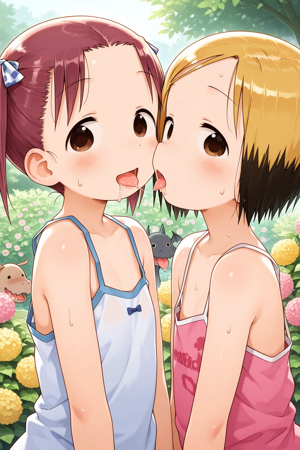 1male, 1girl,face to face,{{{{man suck her nipple, man lick her breast}}}},1boy,black hair,dark skinned,fat middle aged man,1girl,Nude,Red eyes,Long twin tails,Brown Hair,Eyebrows visible through hair,Flat Chest,