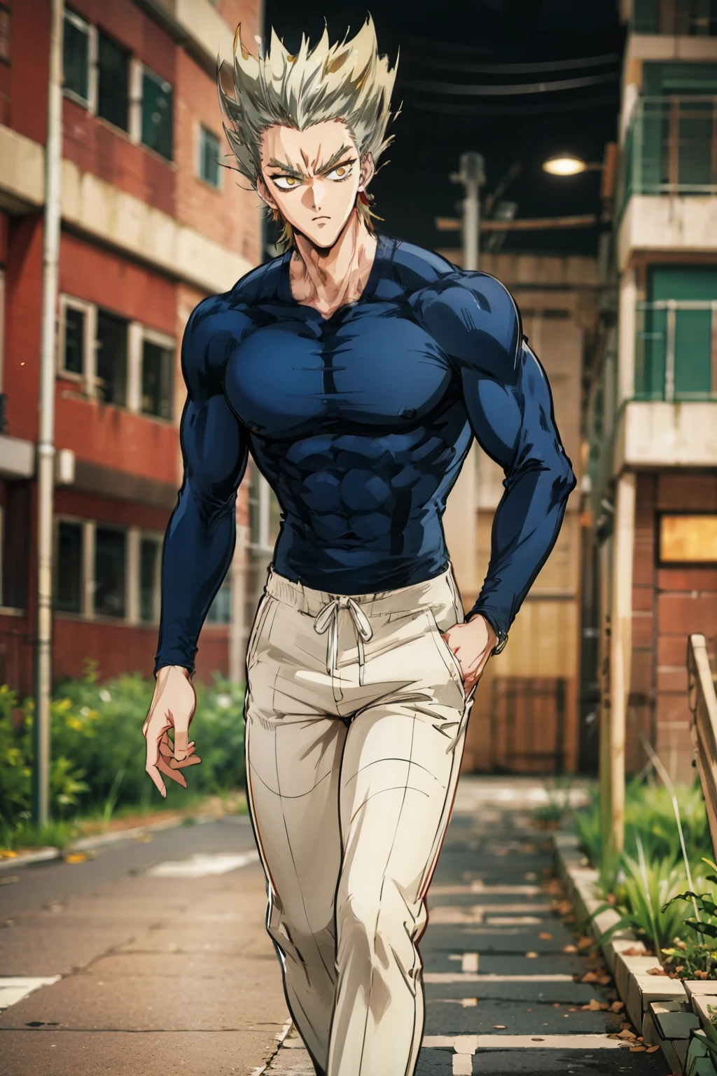 Realistic,Photorealistic,HDR,UHD,studio lighting,Ultra Detailed Description,Professional ,vivid color,Garou,One Punch Man,Yellow eyes,gray hair,18 years old,guy,177cm,Black Chewy Polar That Reveals Your Body,White Dojo Pants,Dojo Straps,Full Body High Definition,masterpiece,Extremely detailed,Bokeh,golden eyes 