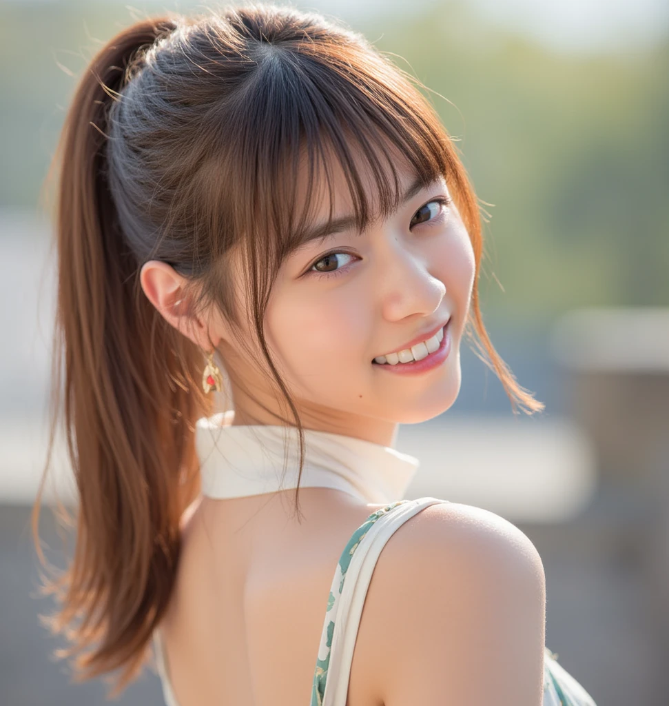 super high quality, Fashion Model, smile, Slenderのネックレス, Slender, Gravure photoshoot, The staff is working at the counter in the back., (8k、RAW Photos、Highest quality、masterpiece:1.2), Stylish café, Fashion magazine photoshoot, (Realistic、Photorealistic:1.37), Beautiful Face , Mesh Hair, Urban Cafe, Golden Ratio, Raw photo, Light Brown Hair, Small breasts, Bright cafe interior, Blurred Background, Beauty salon model, Famous actress, Summer clothes, Cafe Terrace, Open Cafe, Photographed inside the cafe, Hair blowing in the wind, Neat clothes, ponytail, 18-year-old, Cool older sister, Gal Fashion, Stylish clothes,