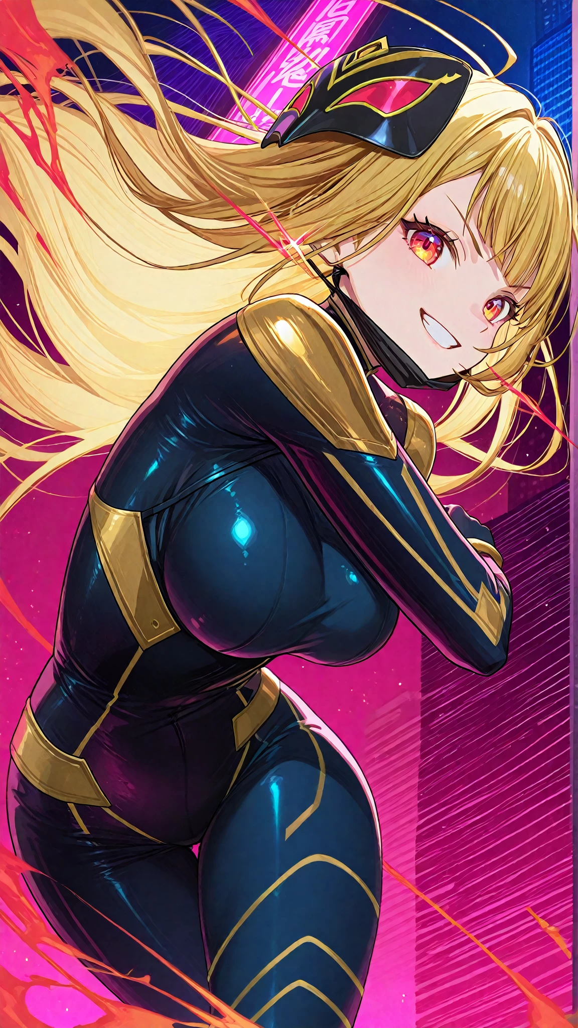 1girl, Magik, arms up, armpit, yellow and black costume