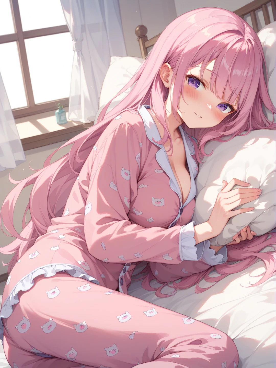 masterpiece, best quality, 1girl, (pink hair, long hair, cat ears, pink eyes:1.2), cute, bedroom, laying on bed, pajamas