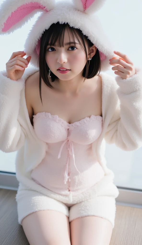 highest quality、masterpiece、Super high quality、8k、kimono one piece、off shoulder、pink underwear、japanese women、pink hair、big breasts、big breasts、thin waist、thin thighs、long legs、white skin、shiny young skin、sexy pose、hands behind head、spread your legs、raise your legs、valley、white panties、blush、lie down、bed、smile