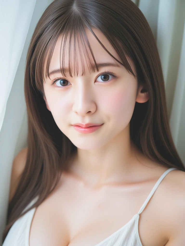 masterpiece, highest quality, 8k,Ultra-high resolution、Head to knee photo、 20th Generation, Large Breasts, cute, alone, sad, cute, girly, cute、Delicate girl, Pure beauty, RAW Photos, Professional photography, Soft Light, Professional Lighting, Backlight, avert your eyes, Sophisticated, Film Grain, (Eye and facial details:1.0), Floating Hair、Messy Hair、Wavy long hair、,Asymmetrical bangs, Round face、Young Face、(Large Breasts:1.4)、A little bit of cleavage is visible、nipple protrusions are clearly visible,、(Micro Mini Tight Dress(Dusty Pink))、Voluptuous thighs、Translucent white skin、dolly make、(Odd Eye、The left and right eyes are different colors)