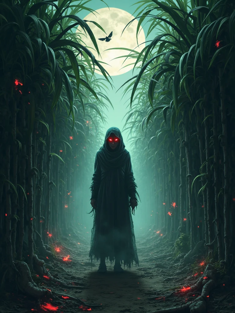 undead zombie with roots and fungi on its body neon green eyes discarded clothing dirt covering its body toxic neon green blood in the middle of a dark forest look at us facing the viewer
