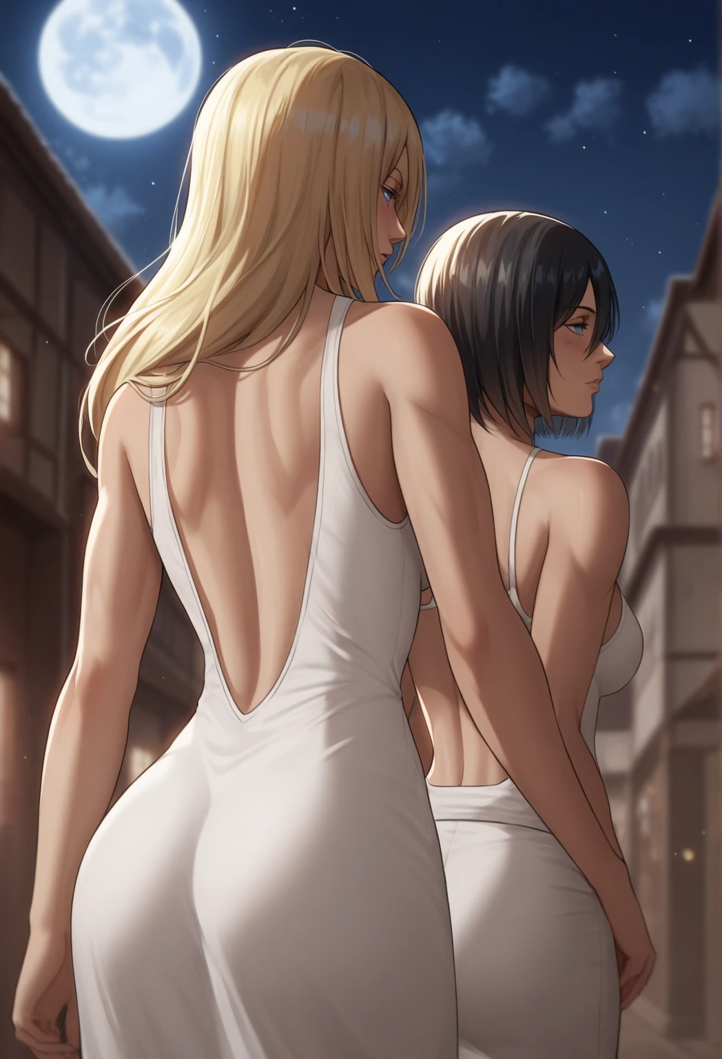 Super detailed、Highest quality、Best image quality、masterpiece、8K、(shoulder-length blonde hair、Medium Long Hair)、(laugh:1.3) 、(cheerful)、(tareme)、(big eyes)、(Beautiful shining eyes)、(High Detail Anime Eyes)、(puffy eyes)、(Big Tits:1.5、topless:1.3)、((SFW Huge Body))、(((Rear View)))、Cowboy Shot、(Thong、カルバンクラインThong、ckundies)、(Two women stand side by side with their butts facing the viewer.:1.5)、(Beautiful ass)
