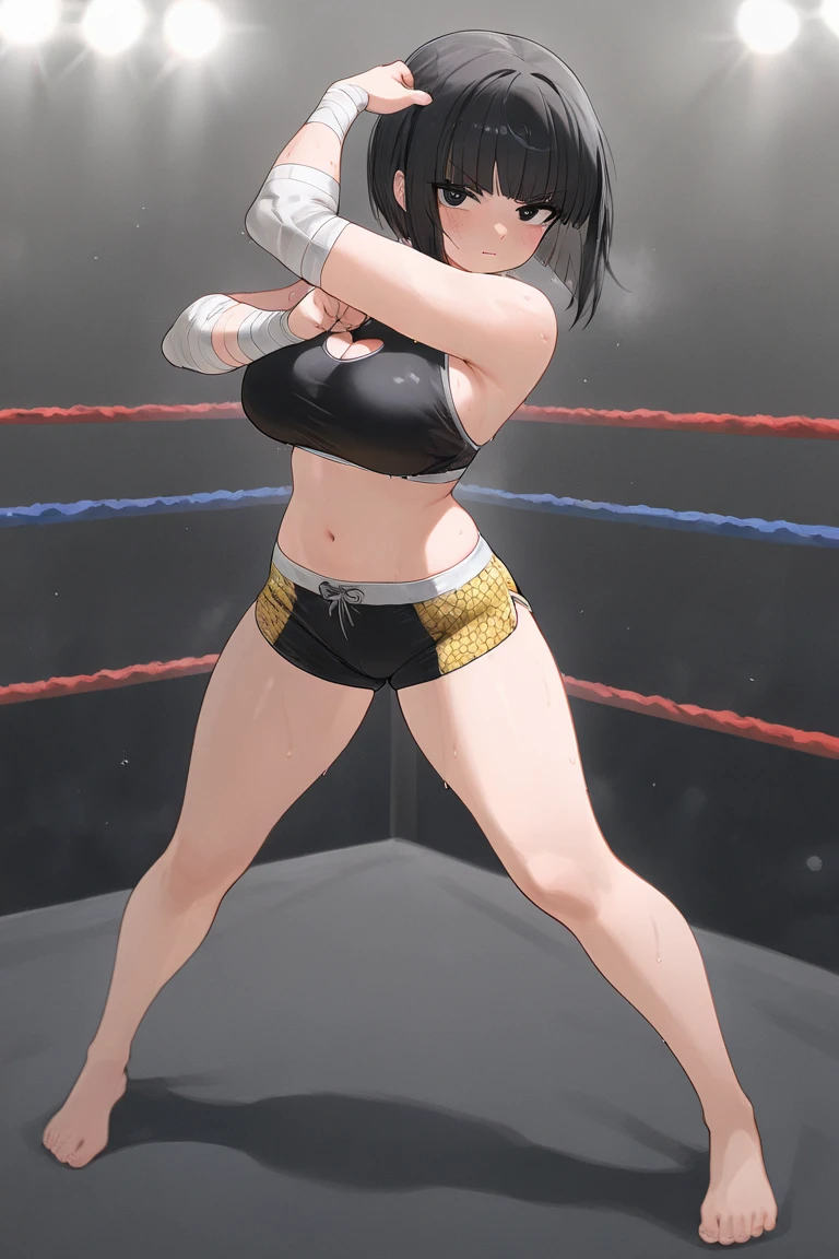 masterpiece, best quality, ultra high resolution, finely crafted, exquisitely detailed,  
Japanese Gal Style, Heisei-era gal, athletic and fierce,  
short bob, wavy black hair bouncing with movement, golden eyes locked in focus, confident smirk, slightly flushed cheeks from adrenaline,  
wearing a **stylish and slightly rebellious boxing outfit – cropped sports tank top with bold lettering, high-waisted compression shorts, hand wraps tightly secured, fingerless gloves, boxing shoes**,  
**decorated nails peeking through the gloves, oversized hoop earrings, sweat glistening under the lights**,  

**mid-action pose, dodging a punch with a swift sidestep, body slightly tilted, weight shifting dynamically**,  
**right fist clenched and ready, left arm extending in a perfectly-timed counterpunch**,  
sharp motion blur on her strike, shockwave and sweat particles flying, impact lines emphasizing speed and force,  
background: **a neon-lit underground boxing ring, flashing lights, roaring crowd, intense spotlights casting dramatic shadows**,  
strong backlighting, emphasizing her toned yet feminine physique, dynamic energy radiating from her every move,  
solo focus, no opponent visible, capturing the raw determination and fiery spirit of a gyaru who **never backs down!**  
