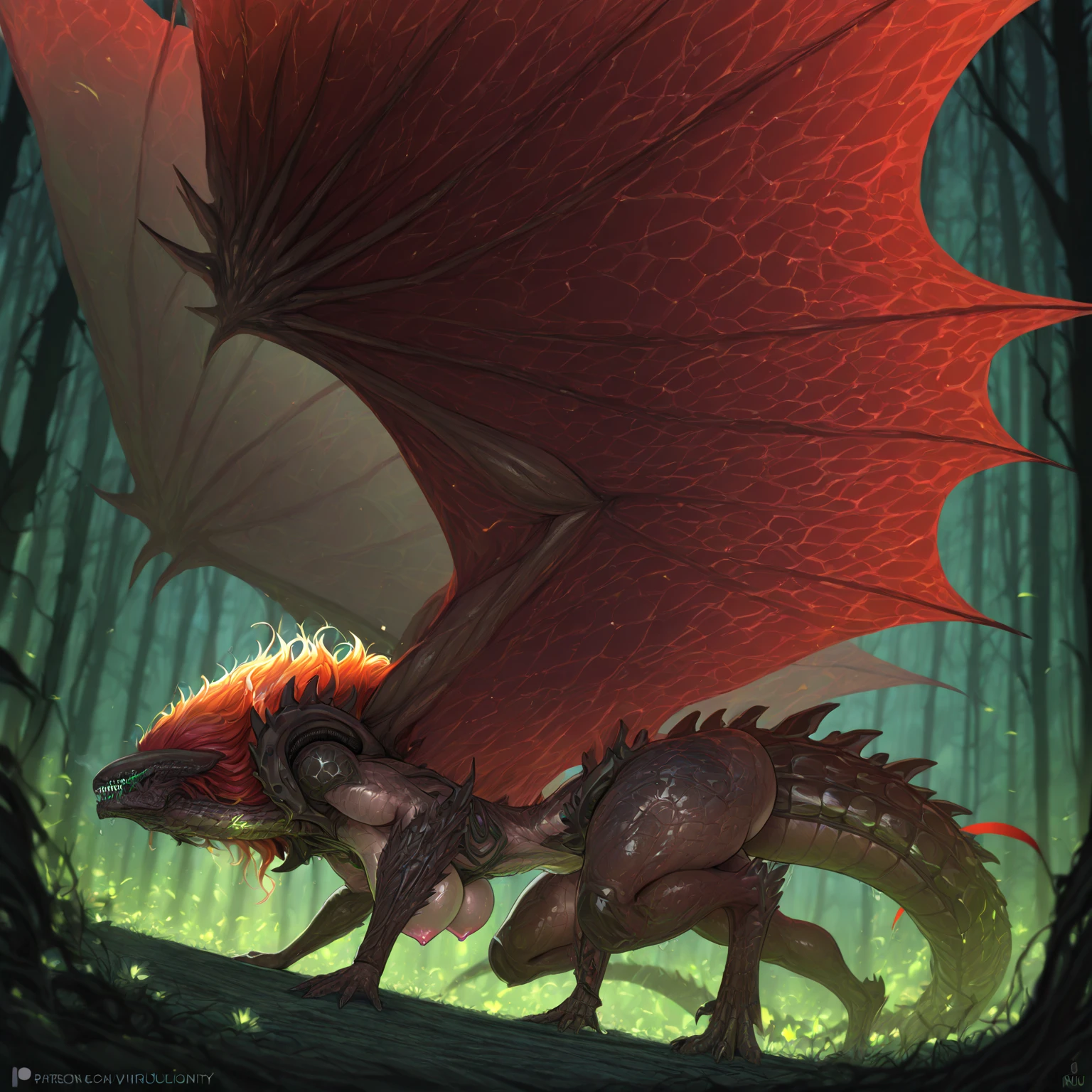 solo, alone in the woods, breath (ultra detailed), a beautiful and detailed full size portrait of a female anthro balthromaw, dragon tail, red eyes, glowing eyes, horns, tail, bedroom eyes, detailed eyes, big body, sexy body, (wide body). goddess, kenket, Ross Tran,ruan jia, trending on artstation,foxovh, cenematic lighting, (((stone hallway, trees))), big , big butt, big , big , big wings, ((black navy bra, black navy panties, black leg wear, nipple outlinee,))), day, smile, looking at viewer, front view, front shot, blush, wet, standing, cabin, stone wall, interior, front view, bend over, seductive, open mouth, covering body, lim body