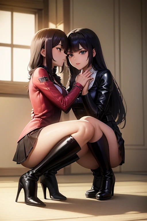 multiple girl hugging, Hyper Detail, Girls Only, Dynamic Lighting, (Glossy skin: 1.5), Masterpiece, Top Quality, Absurdity, black and red skirt, short clothes, breasts, cleavage, golden eyes, ray tracing, very long hair, masterpiece, hair between eyes, blush, NSFW, sexy, dynamic poses, wet, bunny ears, bunny tail, highly detailed, cyberpunk suit
