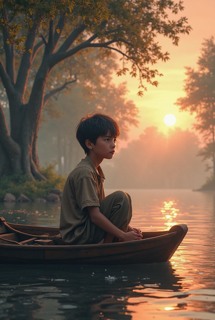 A boy, sitting on the river bank, Sunsets, the boat in river,