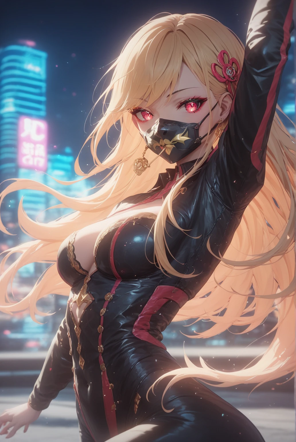 woman、Early 20s、Wicked Smile、Blonde、Long Hair、Green Eyes、Frameless sunglasses with red lenses、breast enhancement、sexy、sexyなポーズ、Black tube top、hot pants、Bright red long coat、R-18、City of night