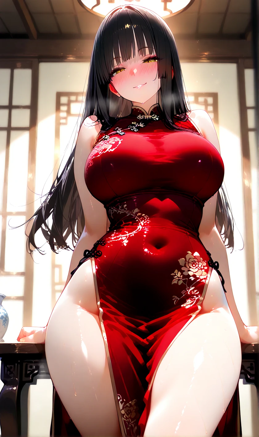 Woman in red Chinese costume with gold ornaments, Big breasts exposed, Exposing thighs, Women&#39;s long brown stockings, Long black hair, Red eyes, White fur cape, A golden ribbon on her head, Golden flowers in her hair, smile, Traditional Chinese palace walk, Chinese lamps around, Bokeh effect, bloom, 8K, Super detailed, Accurate, 最high quality, 超High resolution, Anatomically correct, Textured skin, high quality, High resolution, 最high quality ( Solo Female)
