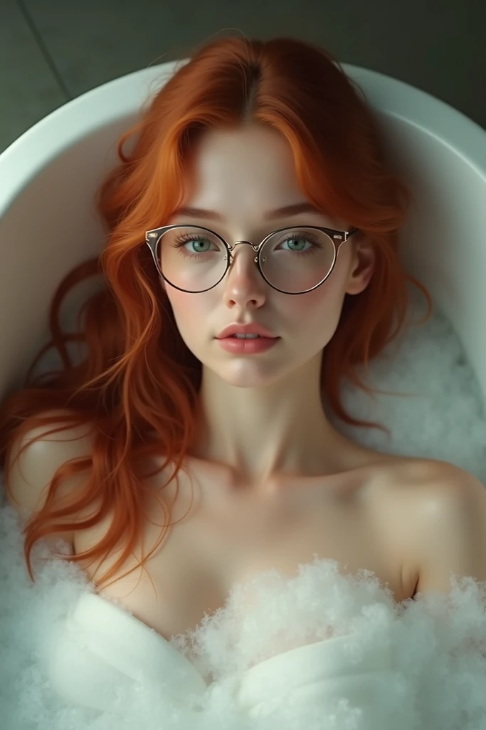 A red-haired female influencer with green eyes, an innocent look and full lips. freckles on her cheeks. medium breasts. A mole on the right breast. rounded buttocks. wears glasses. Sexy. attractive. Full body wide shot from head to toe. in 8k. very detailed, She's lying in a bathtub filled with milk. Her nipples protrude slightly