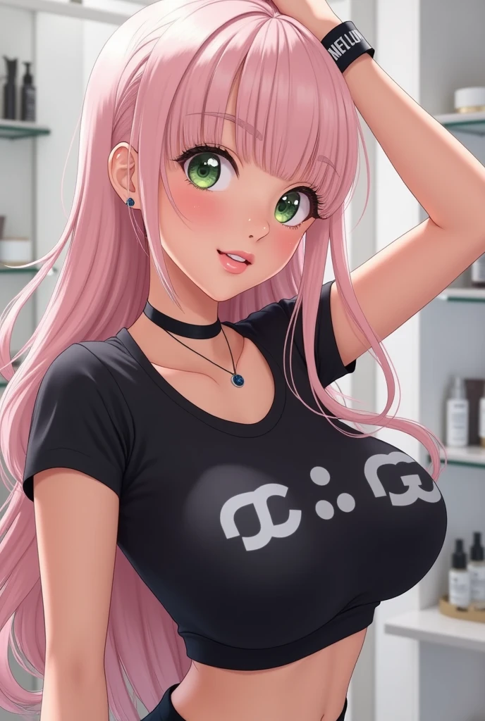 1 girl, 19 years old, long pink hair, green eyes with slit pupils, master-piece, best quality, (standing up), (pink lace camisole, denim mini skirt, cleavage),  (Big , ultra gigantic , Super super big, Glamorous body), Make eye contact with the camera, front figure, looking forward, (light_Smile:1.5), (Detailed hands and fingers:1.2) (Cyberpunk City), (FULL BODYSHOT), thighs thighs thighs thighs、beauty legs、Bare legs