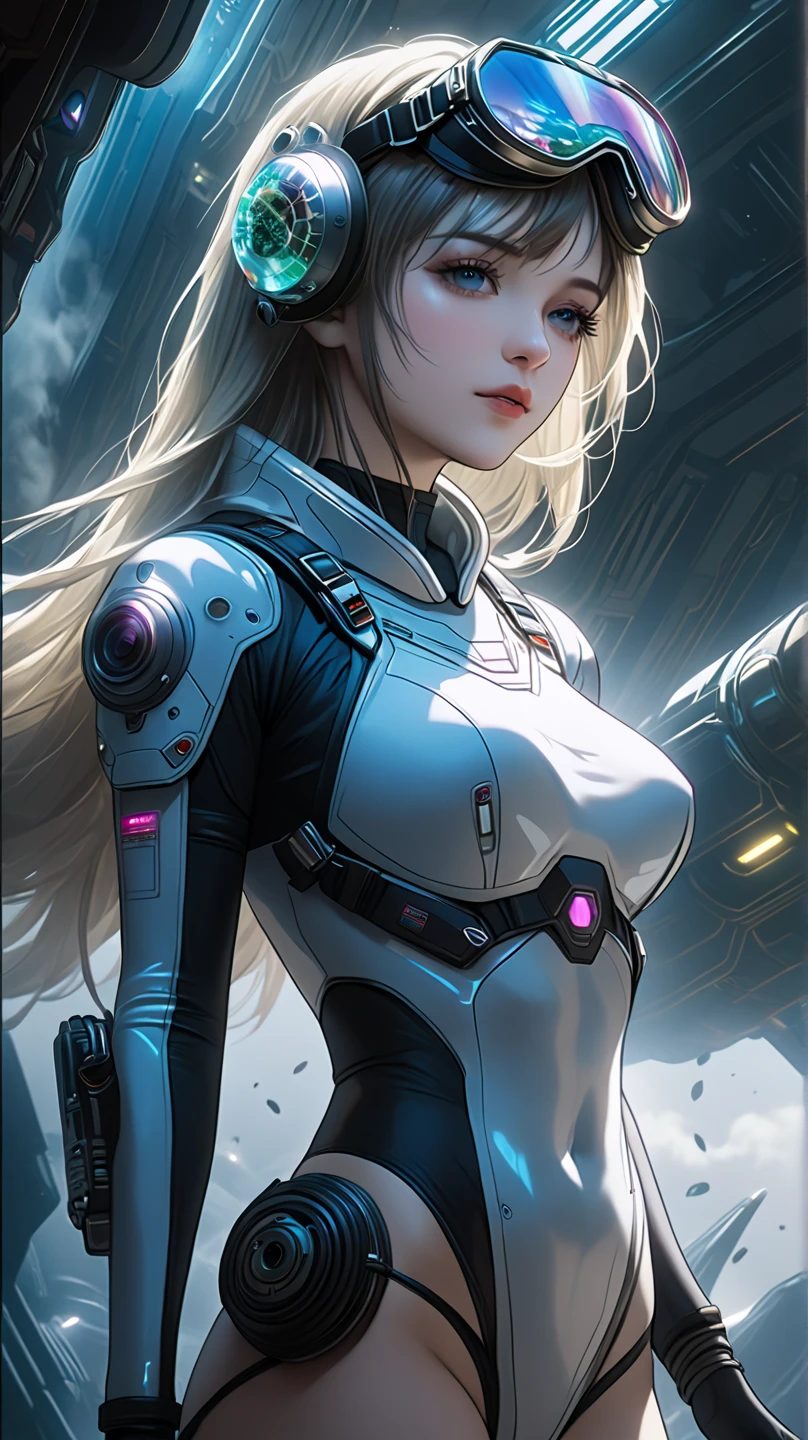 1 sexy girl, white hair, blue eyes, white skin, makeup, perfect body, wearing a mecha pilot suit (black), piloting a mecha (simulating a battle), outer space in the background, (high quality), ( 4K), (cinematic quality), (masterpiece).