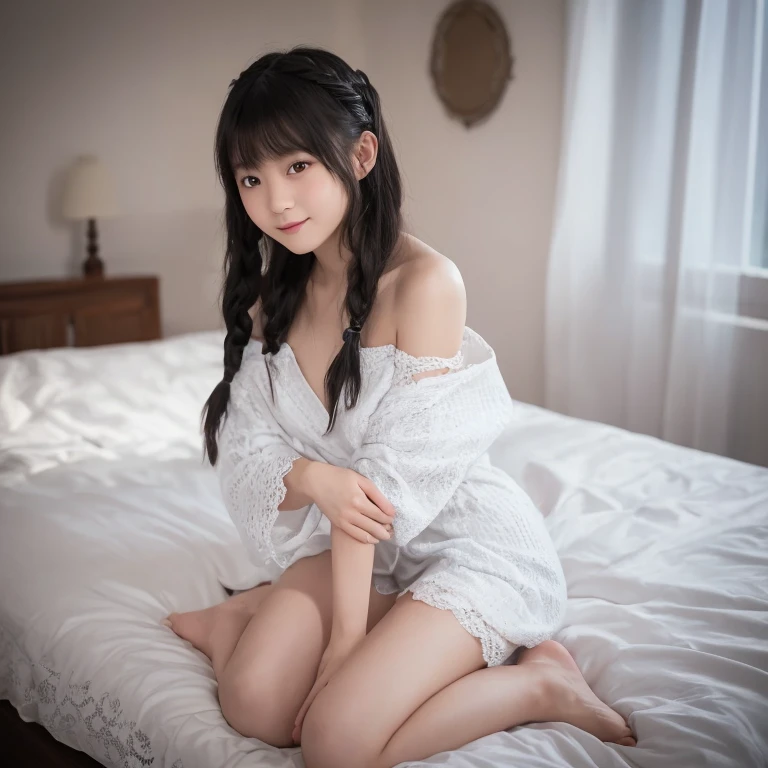 (4k, RAW photo, best quality, masterpiece:1.2),japanese,1girl,barefoot, sitting, looking at viewer, long hair, realistic, hugging own legs, bangs, bed sheet, bare shoulders, white dress, on bed, lips, full body, bed, closed mouth, blurry, indoors, dress, blurry background, brown eyes