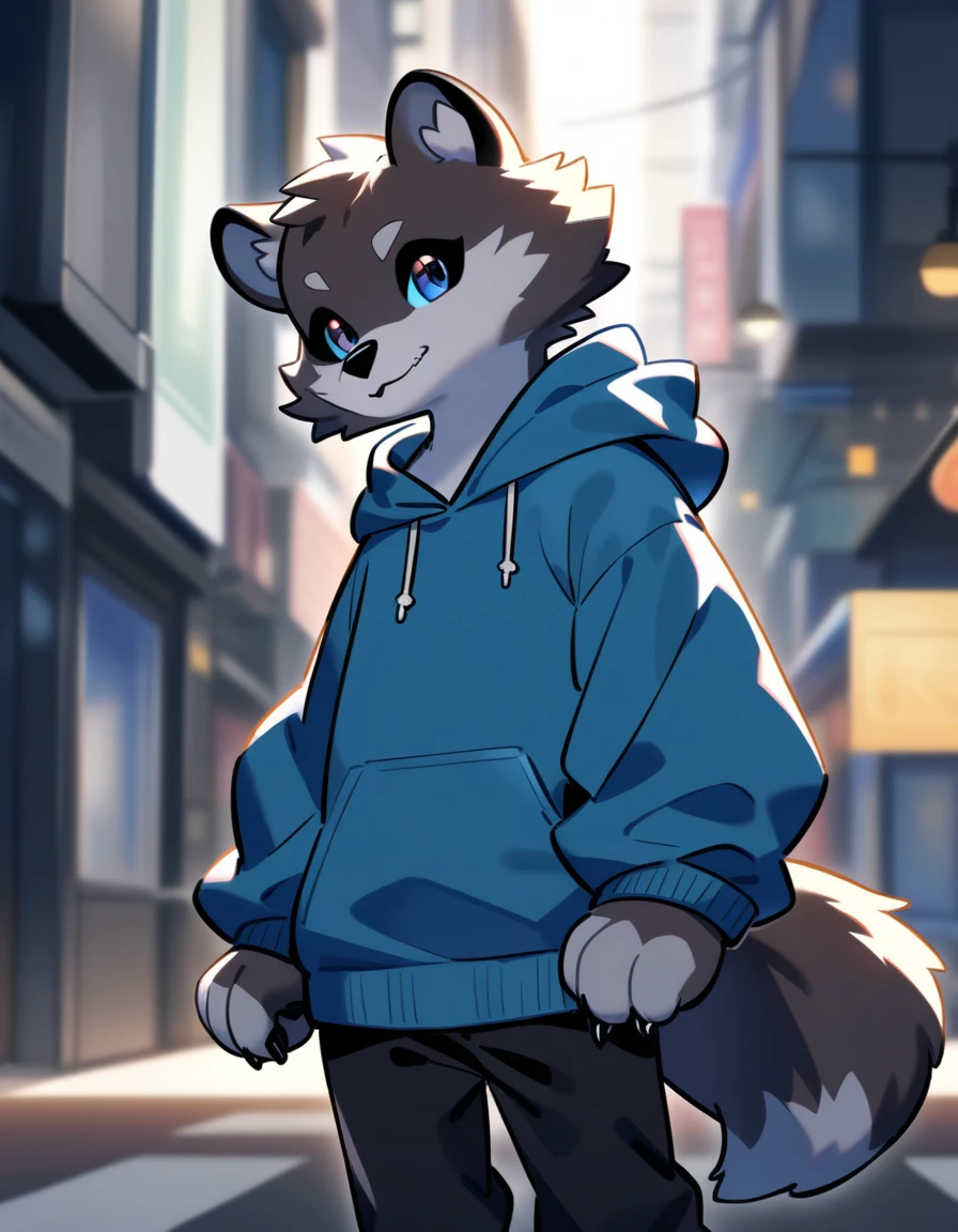 ((Best quality, masterpiece, detailed anatomy, detailed eyes, detailed hands, perfect lighting, perfect shading.)), by Buta99, by SpiritD, 1male, Wolf, brown furs, tight body, dark brown eyes, skinny body, young body, blue hoodie crop top, black jogger, black boots, smile, show sharp teeth, on the woods