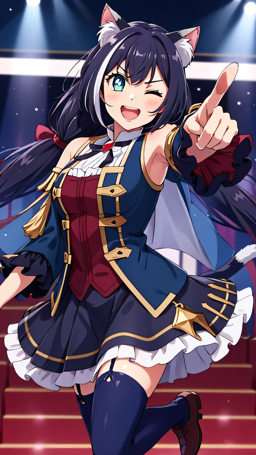{{{masterpiece}}}, (best quality:1.5), (ultra-detailed:1.5), {illustration}, {{an extremely delicate and beautiful}}, (beautiful detailed eyes:1.6), absurdres, highres, extremely detailed face, 16k, hd, visual anime de uma jovem mulher, extremamente bonito rosto de anime, anime melhor garota, (perfect hands, perfect anatomy), (five fingers:1.3) anime face, Karyl(priconne), 1girl, solo, cute face, (karyldefault:1.3), animal ear, black hair, long hair, low twintails, purple hair bow, multicolored hair, streaked hair, vertical stripes, white hair, cat ears, cat girl, cat tail, green eyes, medium breasts, big hips, curvaceous, BREAK, (Tailcoat:1.2), (Navy Blue jacket:1.5), Long hem, arm support, bare shoulders, (Navy Blue sleeves:1.5), red bustier, black ribbon(red brooch), detached sleeves, dress, frilled sleeves, wide sleeves, neck ribbon, sleeveless, sleeveless dress, wallet chain(red gem), purple frilled skirt, white pannier, black thighhighs, brown boots, thighs, zettai ryouiki, BREAK, ai's pose, 1girl, solo, smile, open mouth, one eye closed, pointing, dancing, jumping, joyful, cute pose, dynamic pose, dynamic angle, indoor, stage, on stage, audience, fluttering skirt, peer in from below
