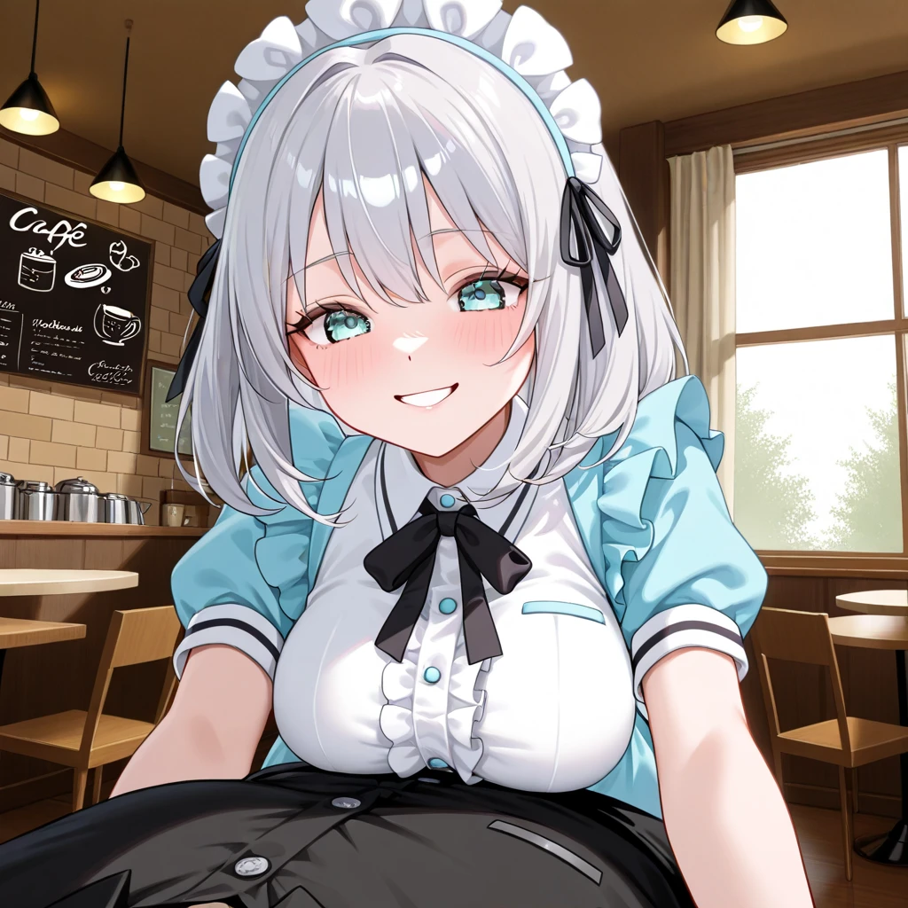 ((Perfect human body)),1girl,Anime girl with white hair and bunny ears, Red eyes, Shy blush,Eyes with enhanced sparkle,Looks happy,Maid clothes with short skirts,Modest chest,Leg spread,full Art,Character portrait,Cafe,pussy juice,pussy juice,creampie,penis in pussy,penis,Sex
