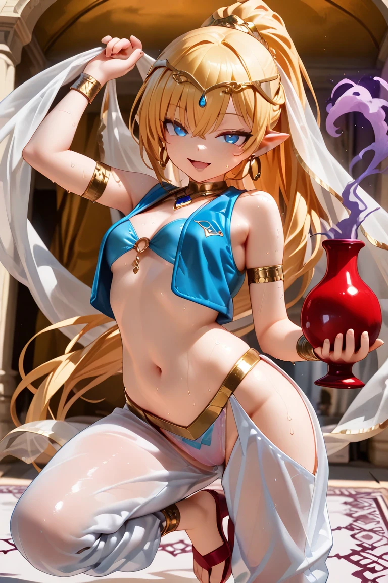 best quality, highres, absurdres, ultra-detailed, 1girl, (ZeldaTOTK, mature body, zelda crown, short_hair, solo, blonde hair, pale skin, necklace, armlets, large breasts, platform heels), wet, bzccostume, topless, minimal costume, bare breasts, headdress, fakebreasts, heart pasties, covered nipples, ((arms up in the air, hands behind head, squatting cowgirl position)), pov, night club background, spotlights on ceiling, ((crowds watching in background, stadium stands in background))