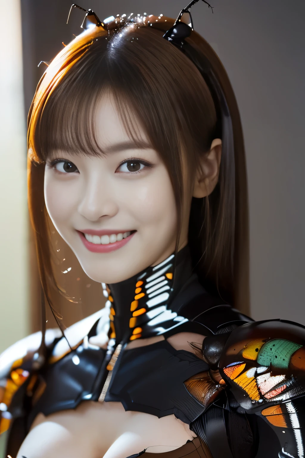 (Photo Real:1.4), (hyper realisitic:1.4), (highest quality, masterpiece:1.3, ultra high resolution), (Super detailed, caustics, 8k), (photorealistic:1.4, RAW shooting), (Smooth lighting:1.05), 1 girl, (look at the camera with a smile), smiling with slightly showing teeth, Neat and clean beauty, 20 years old, cute, Japanese, Soft lighting, Back lighting, (cheerfulness:1.2), (Finest Real Textured Skins), Narrow-eyed, Super fine face, glowing skin, retinas, Anatomically correct, accurate, Super Detail, Textured skin, High quality, high details, Best Quality, High resolution, living room, (long bronde hair), (hair tied), Bangs, perfect bodies, perfect arms, Perfect fingers, perfect legs, perfect hair, Realistic skin texture, ((wearing a black and white spider-man costume)), (wearing cute little earrings), (wearing necklace), (perfect necklace), (perfect earrings), cleavage, face focus, (lens flare)