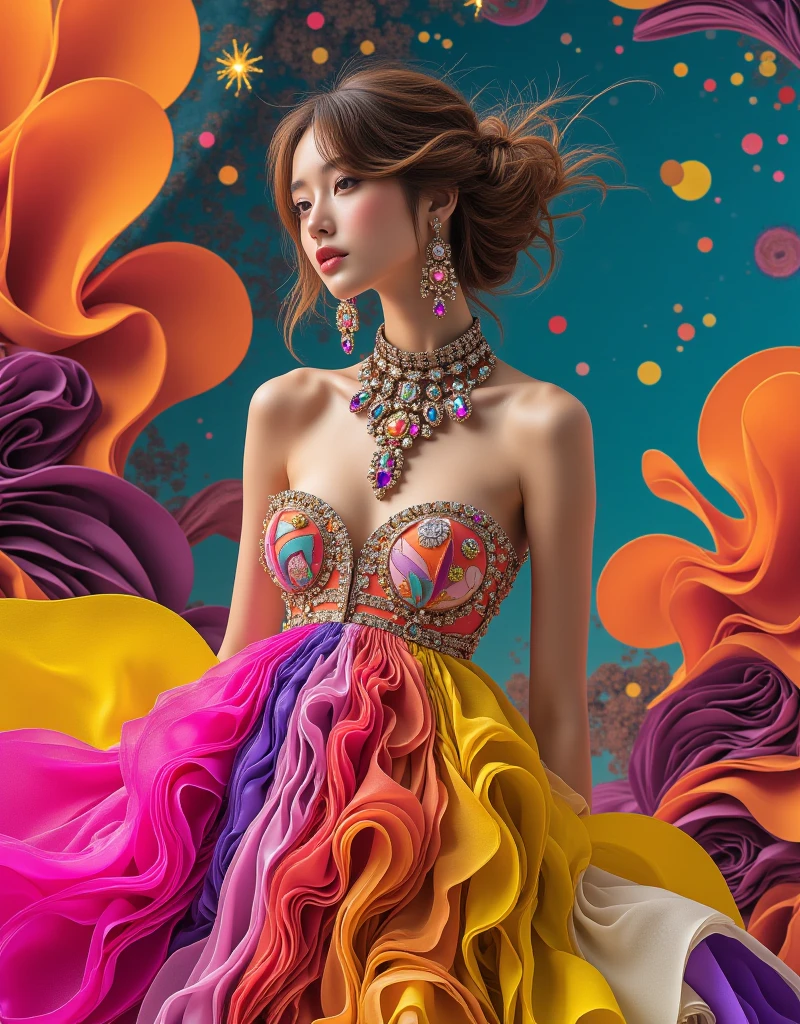 (masterpiece、highest quality、High resolution)、black background、acrylic paints、((color splash、ink splash、color splash))、photorealistic、1girl、Upper body、beautiful face、detailed and perfect face、perfect proportions、big breasts、thin waist、navel、big ass、gap between crotches、thighs、real skirt、The whole skirt looks like a rose、She is wearing a cloth that resembles a yellow peonies.、magic dress、Fashion design full of love、 wearing a gold tulle dress、purple blue dress、golden clothes、Intricate clothing design、wearing a robe、beautiful painting style、Wearing flashy clothes、Dreamy dresses、Dream world、Beauty that will wake you up、