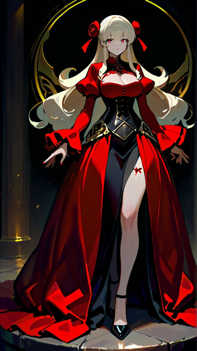 Impressive female portrait depicting a woman with long hair, Light blonde hair with lots of vibrant red highlights, cute, Very luxurious, Creates a unique two-tone effect, Long hair ponytail. Her big, Sharp, red, bloodshot eyes staring intensely, Lovely, Adds an unsettling yet seductive presence. Dressed formally, Her body is adorned with numerous intricate tattoos., The face has a prominent moon design on it.. Full Body Shot, Cowboy Shot. Symmetrical female features and malevolence, A big smile conveys badness, Ominous attitude, In the Dark, Cityscape Background, With a mysterious dress, Gold ornaments,
