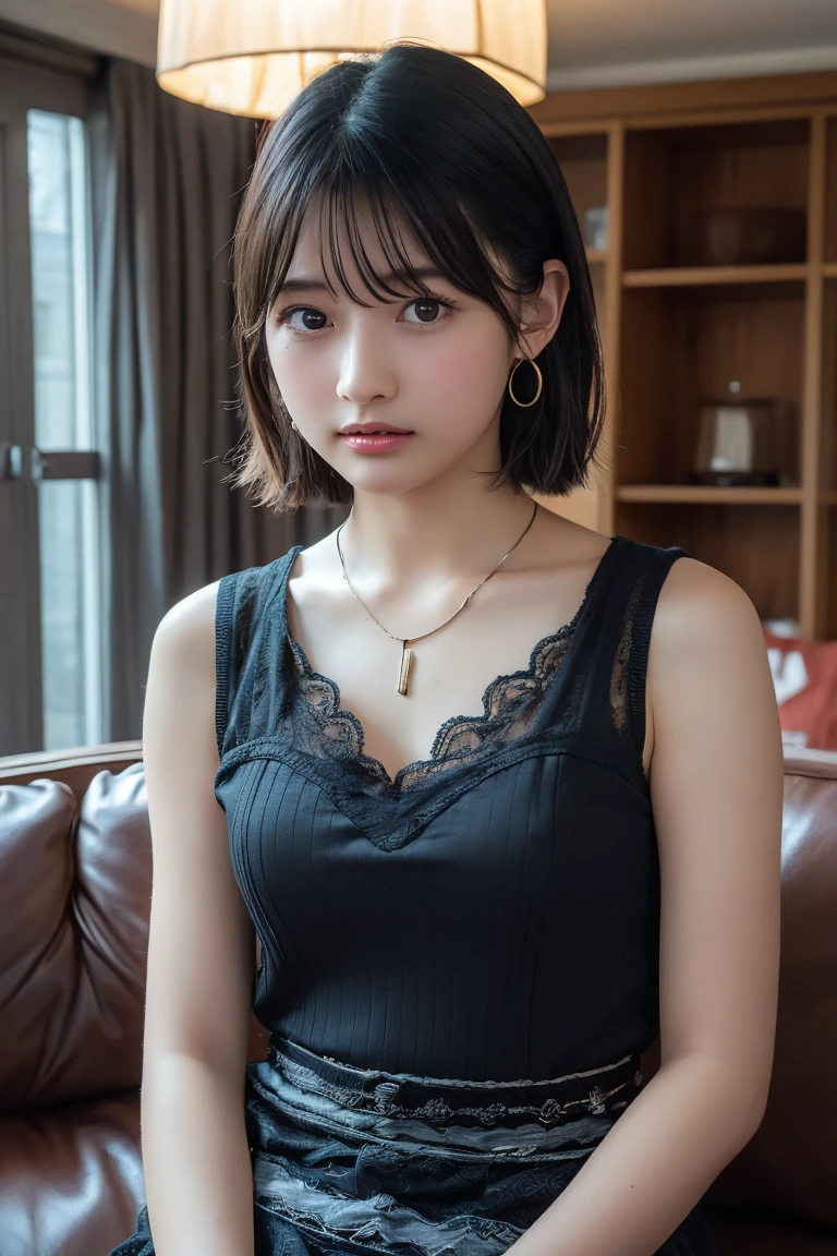 portrait of a japanese ,(Best Quality,4K,8K,hight resolution,masutepiece:1.2),Ultra-detailed,(Realistic,Photorealistic,Photorealsitic:1.37),cute-style,Dribbling High Detail 8K,Studio Lighting - V 6, Naked, Black sheer clothes,bra very, Big piercings,Random Faces, Random curly hair, bangss, bare-legged,A slight smil