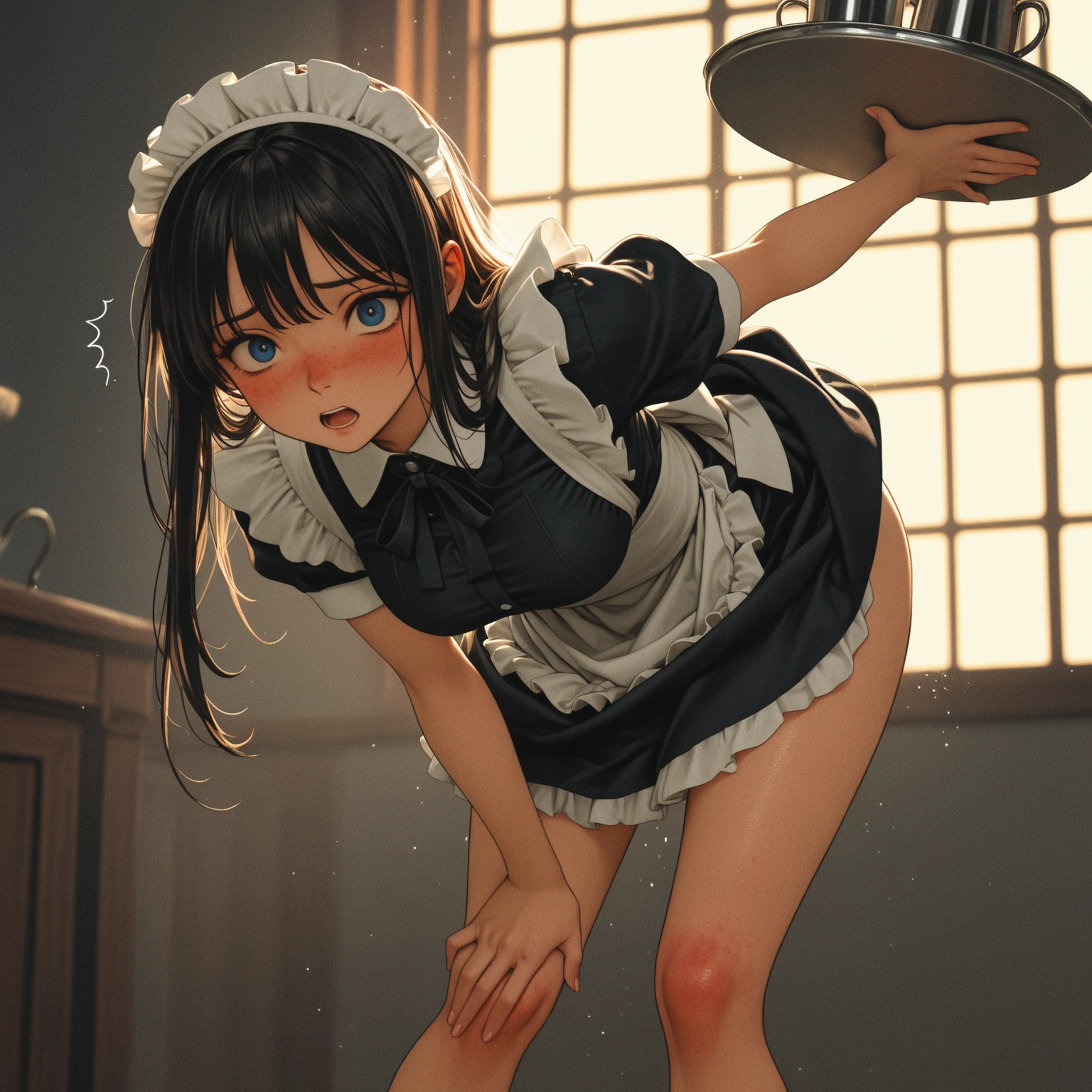 solo,1 mature maid,wet cameltoe,(from behind),sweating body,bare hips,((Take a broom)),(public hair under apron), naked white apron ,((Dark skin)),trending on artstationh, Intricate details, Highly detailed,, intricate face details,Curvy physique, Thick body,((Mature female)),at the kitchen,vibrant, 4K, Intricate details, big breasts enchanting, Professional manufacturing, 12k resolution,(Seductive smile),Black hair