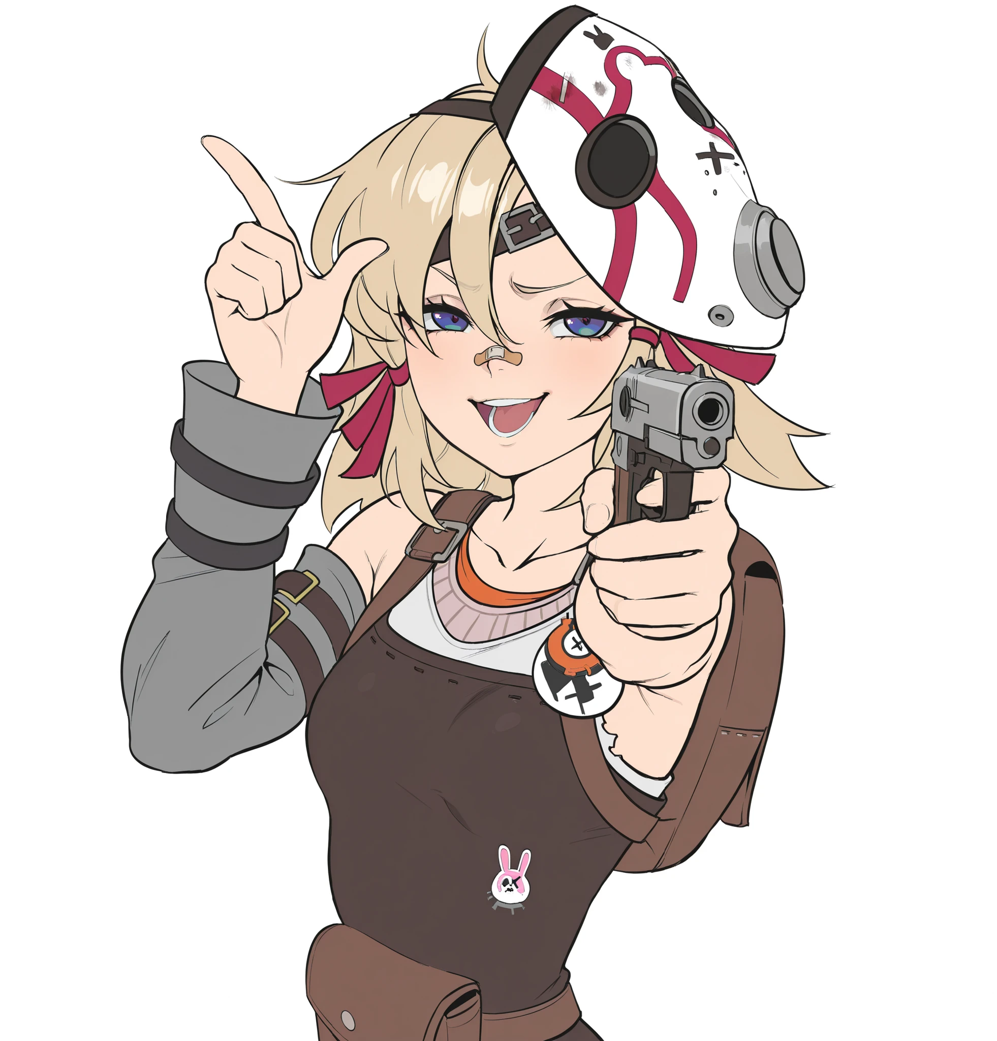 (tiny tina,borderlands (series),(zenless zone zero),flat color),{artstyle: iwao178,nia4294,baffu,hitoyo,kameseru,zenless zone zero,professional artist,detailed anatomy},masterpiece, best quality,young girl,adult,1girl,solo, upper body, (small breasts:1.5), narrow waist, slim body, , slim legs, tinytina, blonde hair, short hair, blue eyes, mask on head, bandaid on nose,apron, detached sleeves, pants, sneakers,torn clothes, brown bag, smug, naughty face, smirk,raised inner eyebrows, open mouth,l hand,,looking at viewer, pointing a handgun towards the viewer. Her expression is confident and assertive, with a hint of playfulness, gun, handgun,collarbone,rabbit print,mask on head,