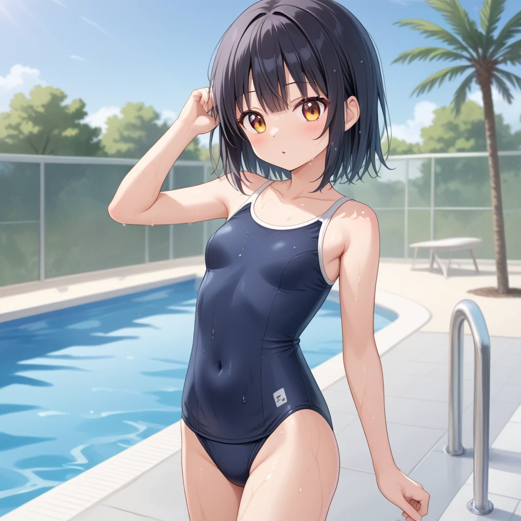 Home garden,smile,Are standing,Put your hands behind your back,Brown eyes,1 ,Two-block shorthair,Black Hair,blush,Navy school swimsuit,White skin,summer,From below,shy,Sweat,Open your mouth wide,Wet,sun