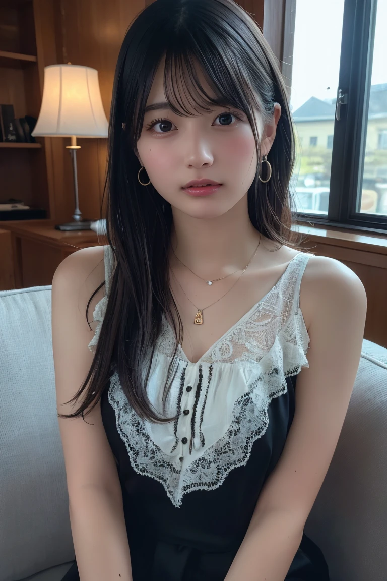 (最high quality:1.3)、Dress neatly、Sitting angle、(Real:1.5)、(1 person:1.5)、Very detailed、high quality、High resolution、8K Wallpaper、Perfect dynamic composition、Natural color lips、Cute Smile、Japanese women、-yeld giBeautiful and exquisiteな顔、Perfect and beautiful face、Beautiful and exquisite、Big eyes、Brunette's eyes、Beautiful and exquisiteな顔、Perfect and beautiful double eyelids、Natural Bangs、Beautiful and thin nose、Beautiful Skin、Black natural hair、Long Hair、Natural Bangs、Perfect and beautiful face、Slim face and figure、(looking at the camera)、Bright lighting、Professional Lighting、Shoulder-length layers、Asymmetrical bangs、Japanese Idols、Sophisticated、Mid-chest、Waist-down angle