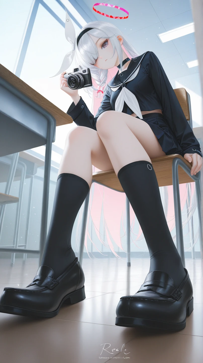 We can see the girl's whole body.
She sits cross-legged on a school chair.
We cannot see her underwear.
She is 18 old.
She has one eye dark haired.
She has black eyes. 
She has two arms.
She has two legs.
She has five fingers on her right hand.
She has five fingers on her left hand.
She smiles.
She is not wearing a mask.
She wears a dark bule and white sailor suit. 
She wears a black blue mini skirt.
She wears a black shorts.
She wears white socks and loafers. 
A green background with nothing but the chair she is sitting on
