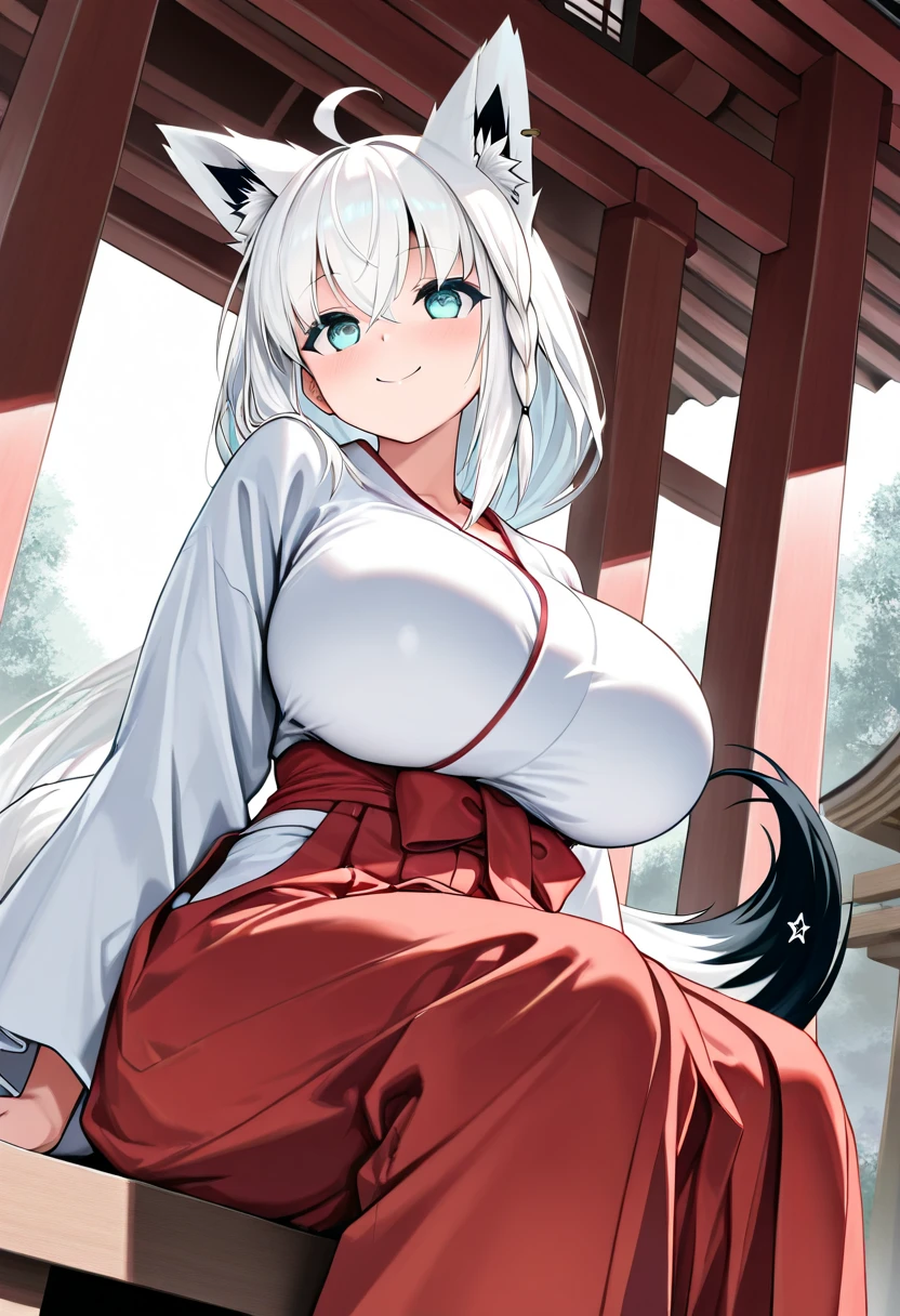 kitsune, sweat, huge breasts, thick thighs, sweat, drunk, kimono, down angle, shocked,