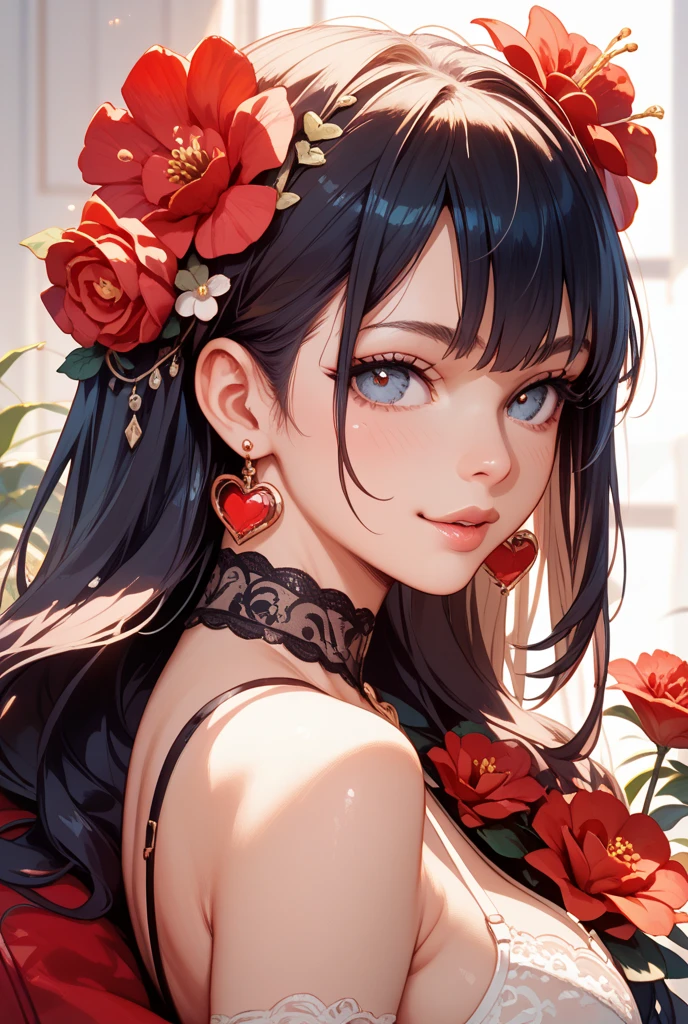 dark skin girl, blue eyes, black hair, red roses, long red dress, hyper-realistic, very appropriate