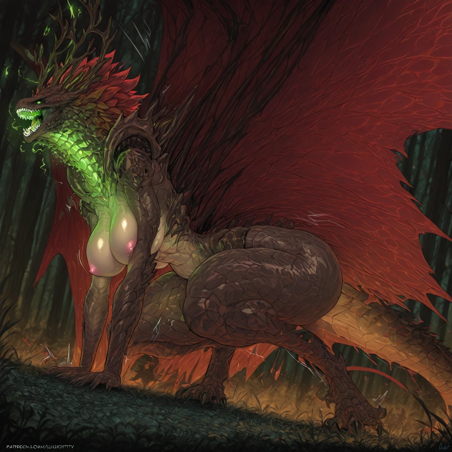 (by darkgem, by fossa666, by taran fiddler, by nitani, by pixelsketcher, by honovy):1.4, masterpiece, best details, real life, depth of field, detailed background, (bright lighting:1.4), nude, solo, (anthro), genitals, with bushy pubic hair and armpit hair, enjoyment, attitude, clear details, powerful, pleasure, self-pleasure, perfect hands, covered in fur, fangs, tongue, paws, claws, tail, detailed nipples, ((anthro female demon goat):1.4, sexy girl woman, monster girl, femme, hairy pussy, exposed vagina, (breasts:1.2), red skin, green markings, golden eyes), (musky, body odour:1.6), (tattoos, piercings), genital close up, exposed armpits, muscular, (pov, riding dick, penetration, penis in vagina, cowgirl position)