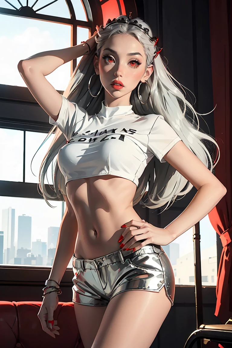 (Ultra Real), (Illustration), (High Resolution), (8K), (Very Detailed), (Best Illustration), (Beautiful Detailed Eyes), (Best Quality), (Ultra Detailed), (Masterpiece), (Wallpaper), (Detailed Face), Solo 1 Girl, White Wavy Hair, Korean, Heterochromic Eyes, Small moles under the eyes, Loose white shirt, Yoga Pants,, Long Legs, Tight Abs, Camel Toes, Dynamic pose, legs spread, panties show, (legs open: 1.5)