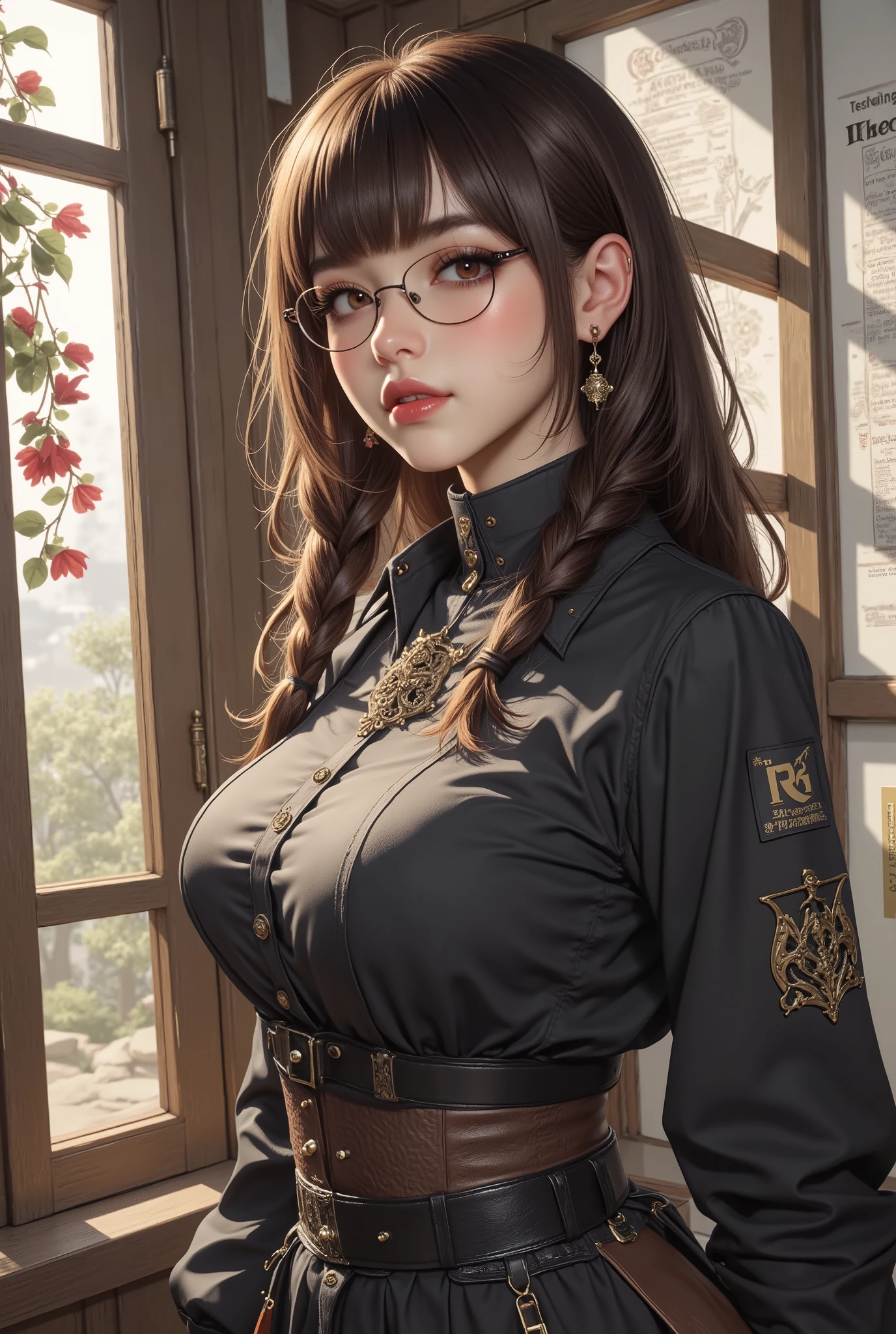 ((best quality)), ((highly detailed)), masterpiece, extremely detailed face, beautiful face, (detailed eyes, deep eyes), (1girl), (glasses), full body, (lamia), scales, tail, merged at waist, standing, (Wenge hair), snake eyes, (inside, in an entryway),