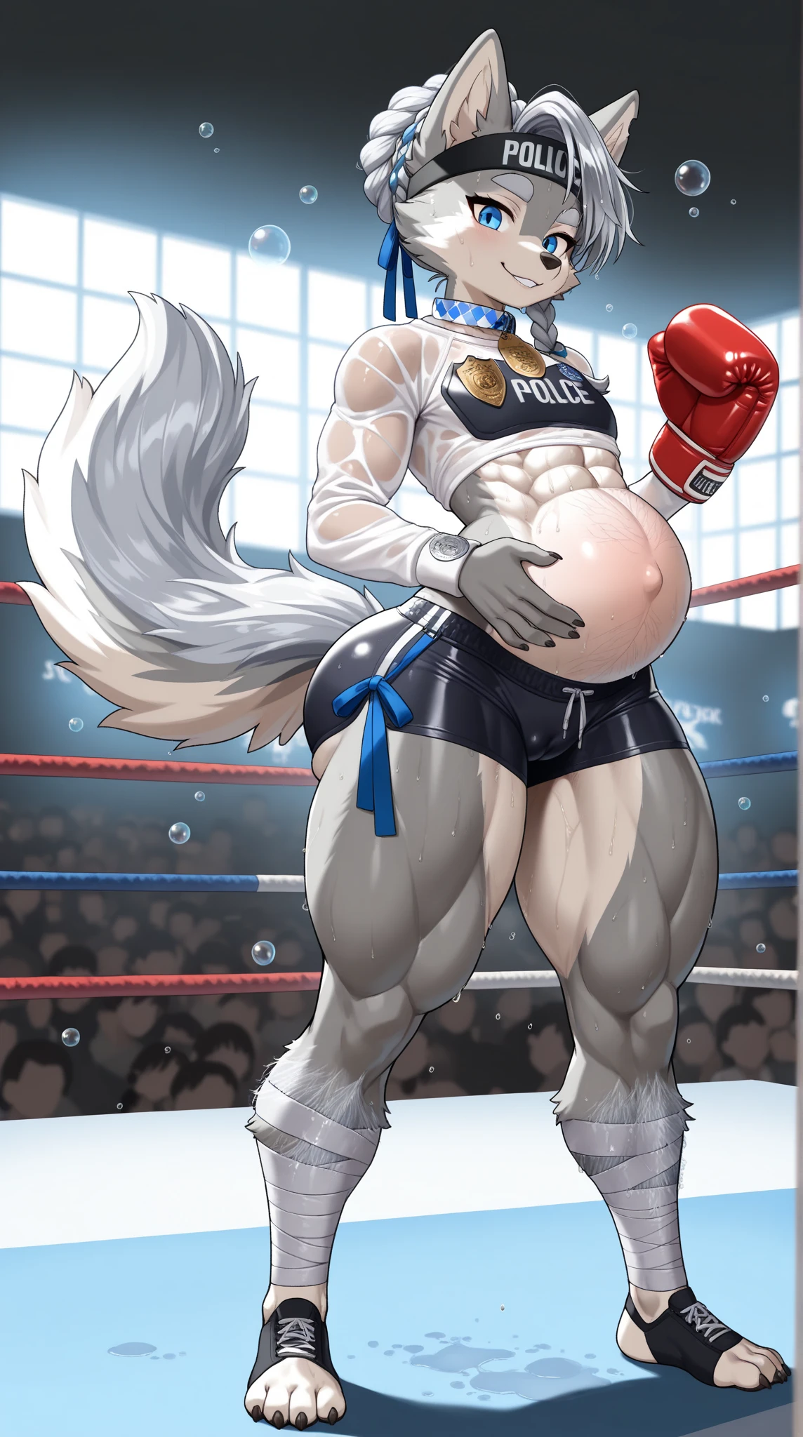 Solo, male (((retriever, muscular, white fur, white body, white fur, black nose, blue eyes, folded ears, flustered expression, blush, ear piercing, ear ring, golden collar, gold cuffs, underwear, big bulge))) standing, 5 fingers ((focus eyes, focus pupils, focus white body, focus white fur, focus 5 fingers, focus golden collar, focus underwear)) adult character, by darkgem, by mystikfox61, by glitter trap boy