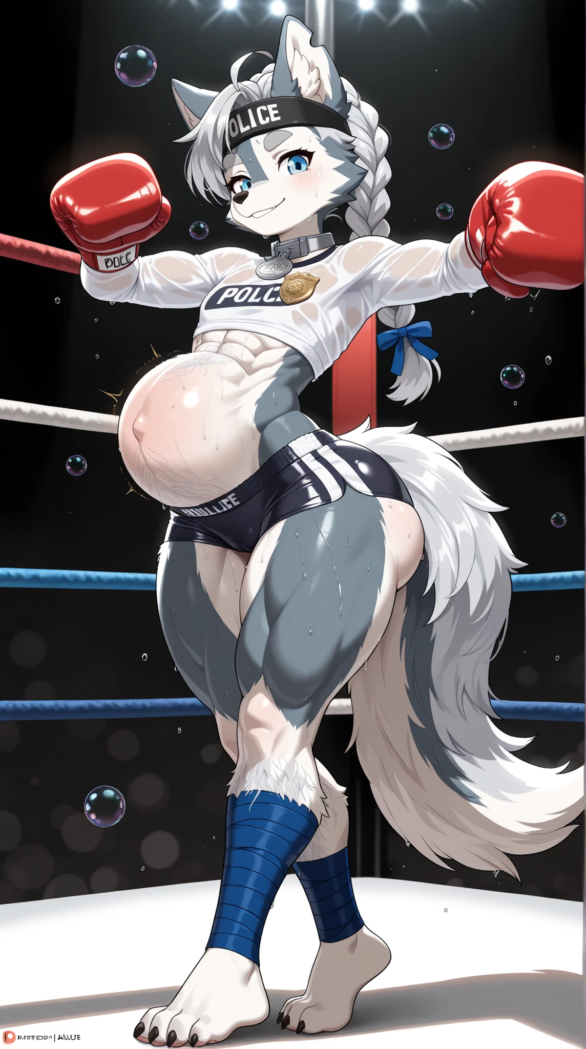 seth-iova, white lucario, full white body,big ass, ((horny)), yellow eyes, long drooping dog ears, wavy tail, white body, male, solo, blue fire on hands, epic pose, sweaty ass, night, boxing ring, nude