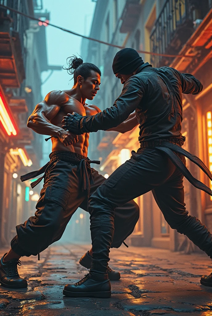 A fighter,masculine, punching a ninja,using a katana.