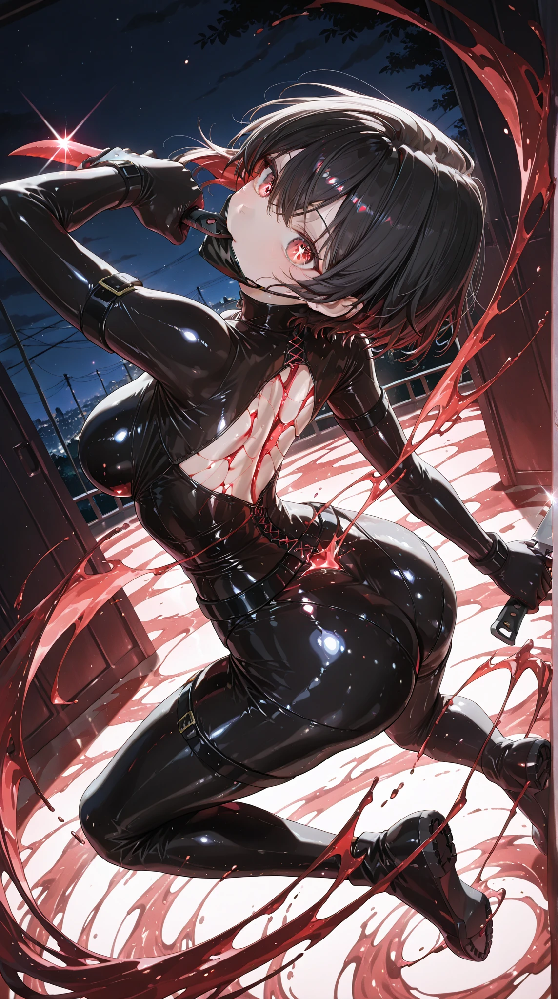 The female agent in a tights with abdominal muscles was caught and beaten,Abdominal muscle injury and bleeding,Covered in blood,Tied with a rope,Tied in chains,Struggling painfully