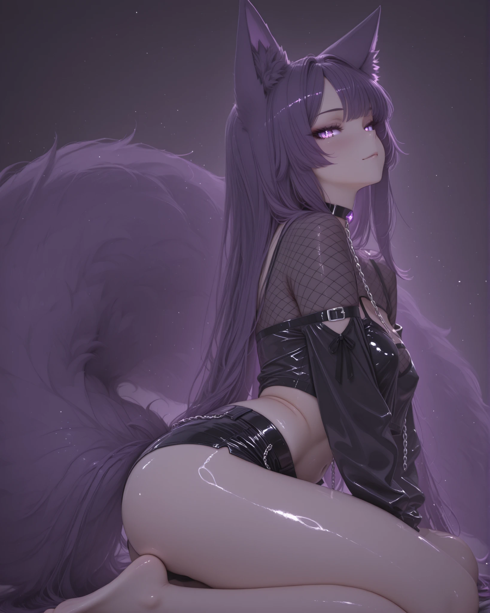 (very long purple hair), purple eyes, detailed eyes, goth clothes, red skirt, belly button, black laced thigh-highs, mature, cute face, seductive, hand on thigh, fox ears, multiple fox tails,evil smile, looking at viewer, dead trees behind, stary sky